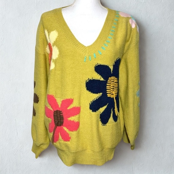 POL Sweaters - POL Chartreuse Oversized V-Neck Boho Sweater with Floral Design Women Small